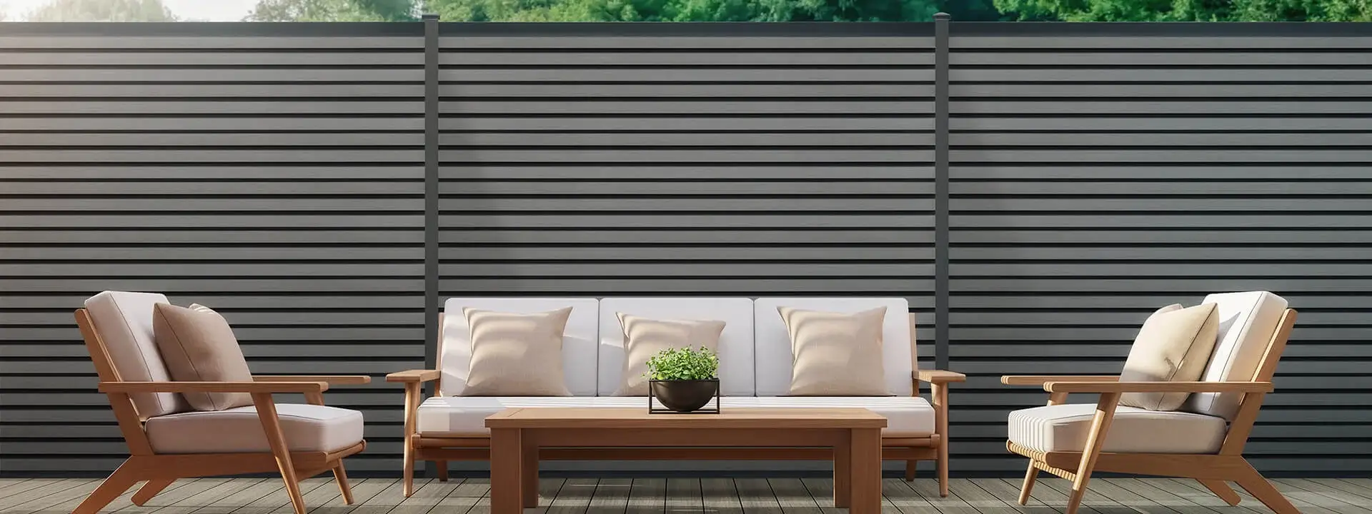 Outdoor living area with wood slats 3d render,Surrounded by the